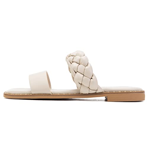 Greatonu Women's Braided Flat Sandals For Women Square Toe Dressy Summer Flat Sandals Slides Slip On Woven Sandals #TOP1