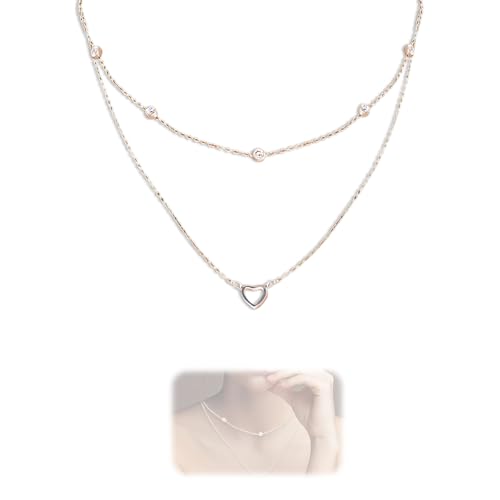 1 collar de corazón, collar de plata en capas para mujer, ajustable, chapado en oro de 14 quilates, cadena doble con circonita cúbica y colgante de corazón, regalo romántico de joyería para cumpleaños