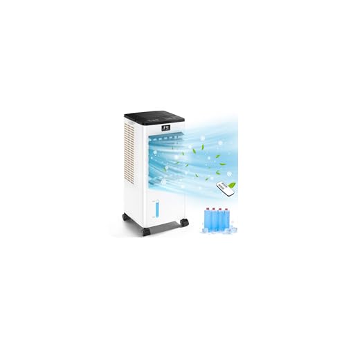 Condizionatore Portatile Senza Tubo, Raffreddatore d’Aria 4 in 1, 4 Modalità 3 Velocità, Climatizzatore Evaporativo 60 W, Timer 1-12 H, con Telecomando, 4 Ruote per Casa e Ufficio