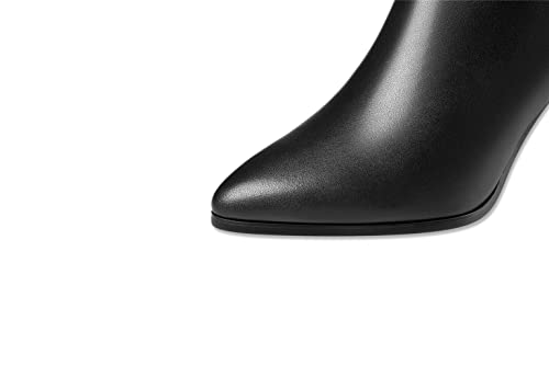 TinaCus Handmade Women's Genuine Leather High Heel Side Zip Up Belt Decor Pointed Toe Black Knee-High Boots4