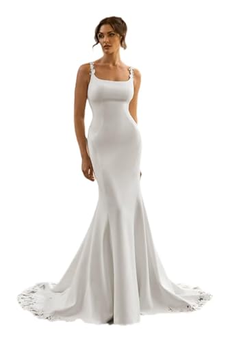 Women's Mermiad Wedding Dresses Boho Satin Lace Straps Wedding Gowns Appliques Beach Bridal Gowns for Bride