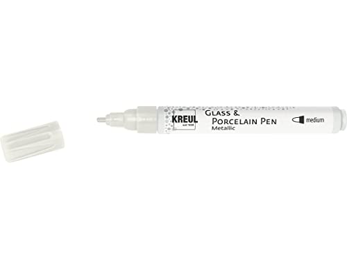 Kreul 16418 - Rotulador para vidrio y porcelana Medio metálico, blanco perla, punta redonda estable, ancho de trazo aprox. 2-4 mm, rotulador para pintar porcelana con color brillante a base de agua
