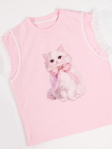 Image of Girls Ruffle Sleeves Shirt Cat Graphic Tee Cute Summer Short Sleeve Top for Teens 6-16Y