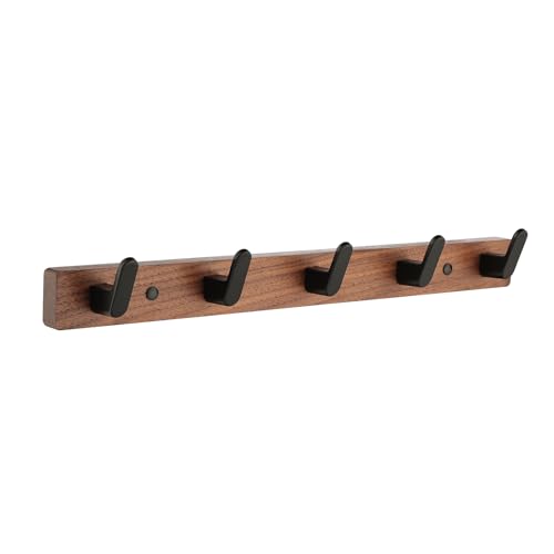 QICAIFACAI Coat Hooks Wall Mounted 5-Hook Wall Coat Rack with Walnut Wood – Heavy-Duty for Entryway, Bedroom, Bathroom, Kitchen, or Office