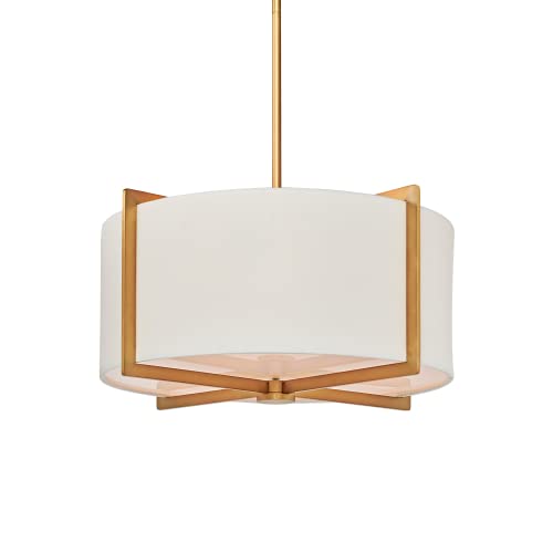 MOTINI 3 Light Drum Pendant Chandelier, Gold Brushed Brass Pendant Light Fixture with White Drum Shade, Modern Ceiling Drum Light Fixture for Dining Room Living Room Bedroom