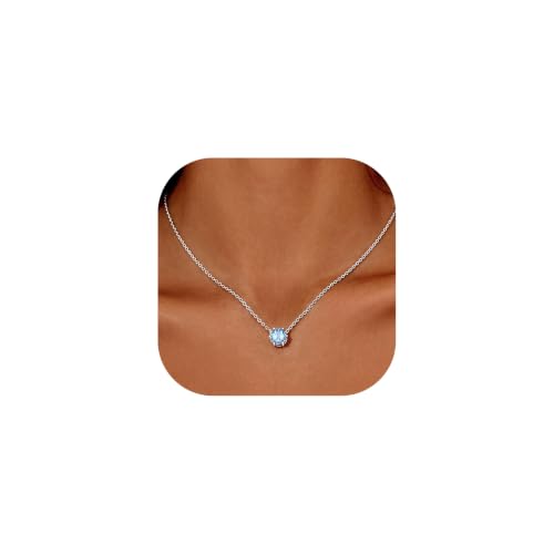 Light Blue Necklace for Women, March Birthstone Necklace, Round Pendant