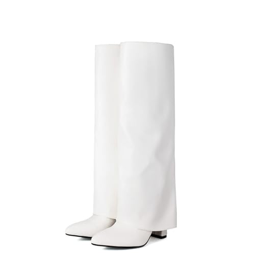 Botas Altas hasta la Rodilla para Mujer, con Punta Redonda, tacón Alto Grueso y Pantorrilla Ancha, Zapatos de Vestir de Moda, 9,5 cm,Blanca,42 EU