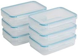 Addis Clip & Close 1.1 Litre Shallow Rectangular Food Storage Airtight Lockable Lid, Bulk Pack of 6 containers, Clear, Clear & Blue, 6 x 1.1 ltr