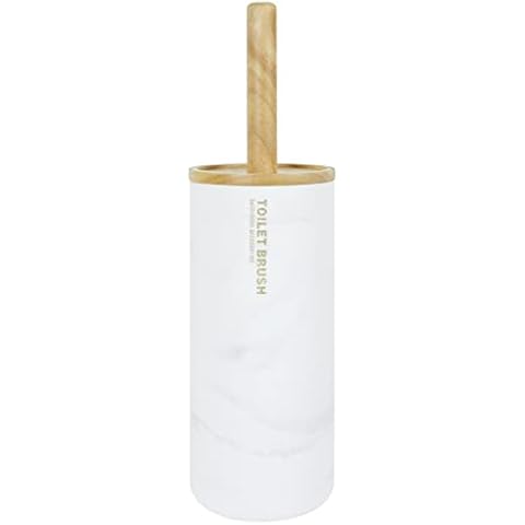 Marble Print Toilet Brush with Brush Holder, Stone Effect Resin Toilet Brush Holder with Wooden Lid, Modern Design with Golden Lettering for Bathroom and Toilet Cover