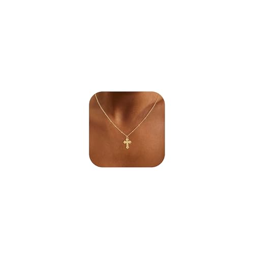 BLUEELM Cross Necklace For Women, Dainty 14K Gold Plated Cross Pendant Necklaces Small Non Tarnish Gold Necklace Cute Choker Necklaces for Women Simple Waterproof Jewelry Cute Trendy Stuff