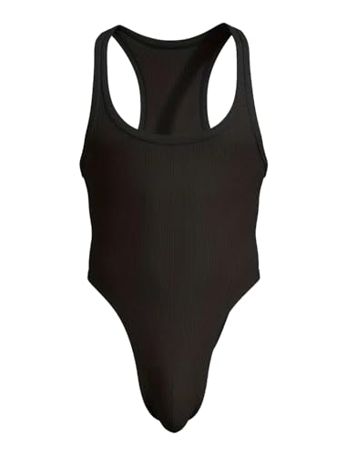 MIZOK Men\'s Ribbed Slimming Shapewear Racerback Bodysuit Leotard Compression One Piece Wrestling Singlet Black L