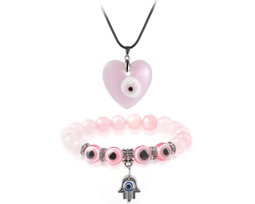 Caiyao 4 Pcs Evil Eye Bead Bracelet Hamsa Hand Fatima Charm Stretch Amulet Turkish Good Luck Protection Kabbalah Jewelry, 8.5 inches, Zinc, No Gemstone