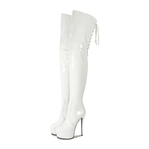 Image of Shiny leather Thigh high boots for Women Stiletto heel Platform Over the knee Round toe back zipper Sexy Front Strappy high heel Cosplay Custume unisex boots