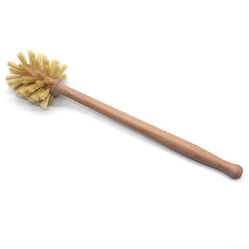 Feeshoppher Escobilla de inodoro de madera con mango de haya y cerdas de sisal natural para una limpieza eficiente del baño, diseño delgado que ahorra espacio con soporte, adecuado para uso en casa