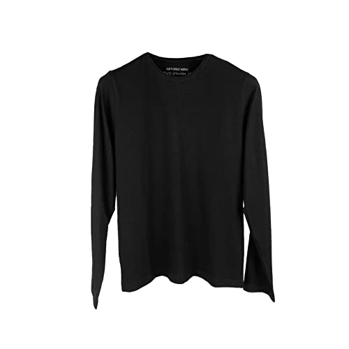Antonio Miro Camiseta básica Negra de Manga Larga, Corte Regular y Cuello Caja con Detalle de Vivo. Confeccionada en algodón, no Necesita ser planchada (XL)