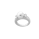 Majorica Sterling Silver Rhodium Plated Ring for Women with Organic Pearl, 10mm Round White Pearl an