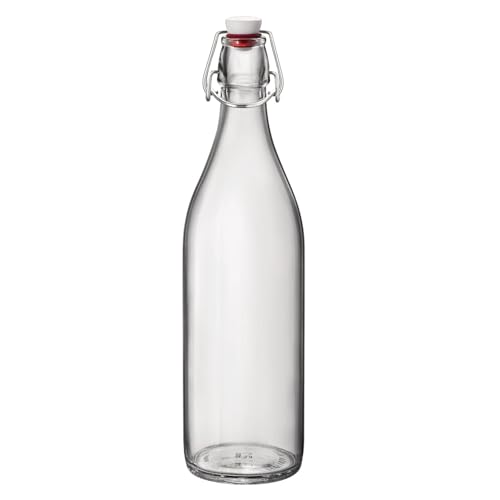 Bormioli Rocco Giara Glass Bottle with Airtight Clamp Lid, 33.75 oz - BPA-Free Bottle for Infused Drinks, Juices, Dressings, Decorative Glass Storage, Leakproof Glassware - Made in Italy (Clear)