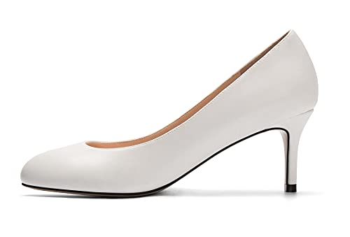 Eldof Women Kitten Heel Pumps, Round Toe Office Pumps, 6.5cm Mid-Heel Pumps Court Pumps, Wedding Party Office Shoes White Matt US8