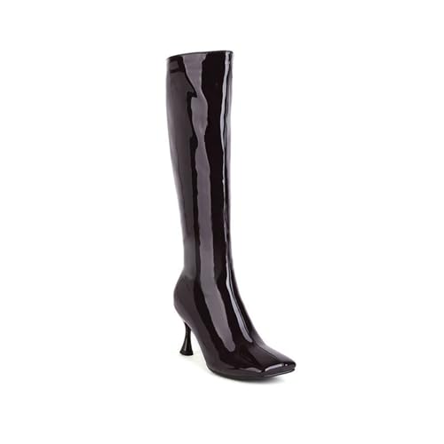 Bottes longues élastiques pour femmes avec talon 7.5cm stable et bout carré verni lumineux