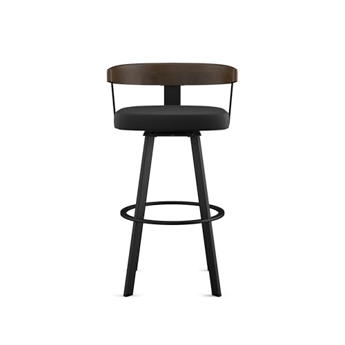 Image of Amisco Lars 26 inch Swivel Counter Height Barstool, Upholstered Stool with Solid Wood Back and Arms for Kitchen Island or Bar, Drees Stool, Black Faux Leather /Brown Wood /Black Metal