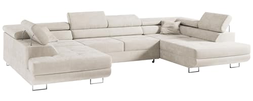 MKS MEBLE Sofa Beige Wohnzimmer - Wohnlandschaft - U-Form Couch mit Schlaffunktion - Schlafsofa mit Bettkasten - Wohnzimmer U Couch - Polstersofa mit Bettkasten - Gustaw U Creme Paros