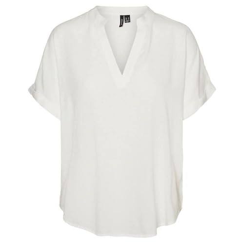 VERO MODA Damen Top Casual Splitneck umgeschlagene Ärmelbündchen Bluse Kurzarm, Farben:Weiß, Größe:M – Ansicht 4