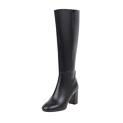 Hotberry Damen Stiefeletten Warme Lange Stiefel Hohe Boots Elegante Sexy Runde Zehe Plattformen High Heel Frauen Herbst Winter Reißverschluss PU Lederstiefel Schuhe, Schwarz, (39 EU)
