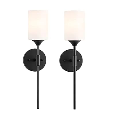BYOLIIMA Mid Century Modern Wall Lamp 2 Pack with White Cylinder Glass Shades Matte Black Wall Sconce Bathroom Vanity Lighting Industrial Farmhouse Wall Light Fixtures for Mirror Bedroom Living Room