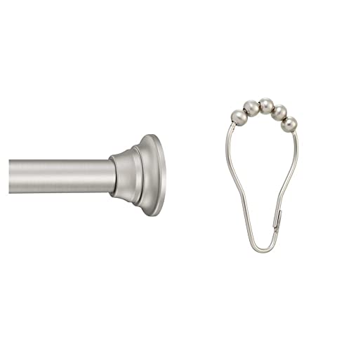 Moen Brushed Nickel Adjustable 44-72-Inch Tension Mounted Straight Shower Curtain Rod For Bathroom, Tr1000Bn & Sr2100Bn Shower Curtain Rolling Rings, Pack Of 12, Brushed Nickel #TOP9