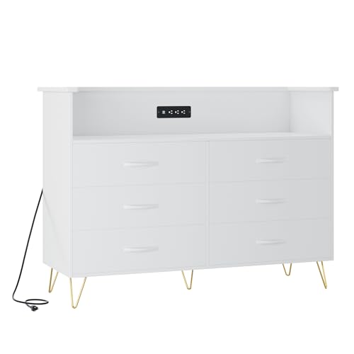 Image of Dresser for Bedroom with 6 Drawers, Wide Wood Chest of Drawers with Charging Station & RGB LED Lights - Storage and Organization Dresser for Living Room, Closet, Hallway, MDF Cabinet, White
