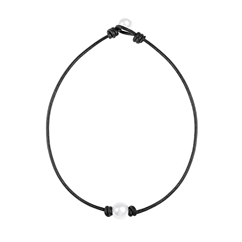 Single Cultured Freshwater Pearl Choker Necklace For Women Handmade Genuine Leather Jewelry Short White Beads Pendant Necklace 14” Black #TOP20