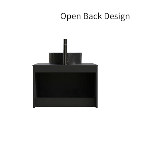 Image of 24 inch Bathroom Vanity with Sink, Wall-Mounted Bathroom Vanity with Black Round Ceramic Vessel Basin, Modern Plywood Floating Vanity with Twill Double Doors, Bathroom Storage Cabinet, Black