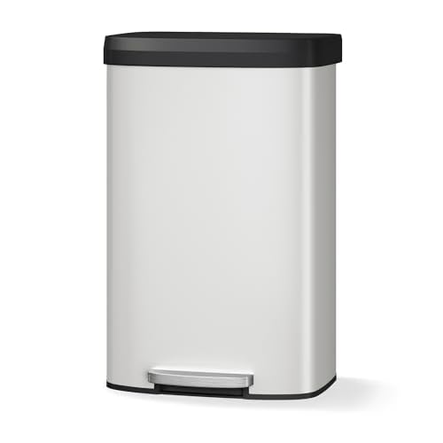 GarveeHome 21 Gal / 80 L Step-on Trash Can, Large Metal Kitchen Garbage Bin with Soft Close Lid, Rustproof Stainless Steel Trash Can, Inner Bucket Rim & Rear Handle, White White 21 Gallon