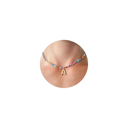 VRIUA Colorful Initial Necklaces for Women – Bubble Necklace Handmade Beaded Necklace Dainty Cute Beach Boho Necklaces for Women Trendy Jewelry Choker Necklace
