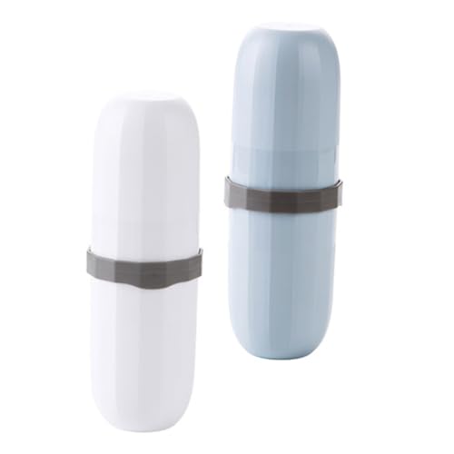 Healeved 2stücke Teiliges Tragbarer Zahnbürstenhalter Mit Waschtasse Für Reisen Camping Und Wandern Blau Und Weiß Für Zahnpasta Und Mundspülung