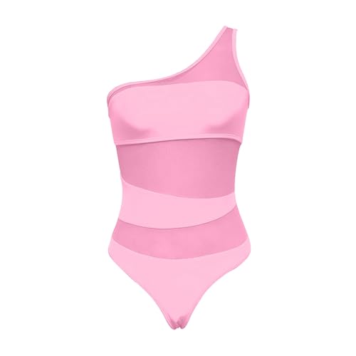 Bañador Talla Grande Mujer Alta Trajes de Baño Mono de Malla un Solo Hombro con múltiples Colores sólidos y Bloques Color para Trajes ño ñador Mujer Talla Grande ñadores (Pink S)