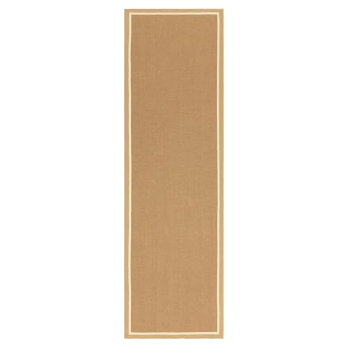 Image of Lord of Rugs Natural Jute Flatweave Rug with Cotton Border LinoWeave Herringbone Design Beige Natural Living Room Bedroom Dining Area Rug Linen Cream, Runner 68 × 240 cm (2'3"x7'10")