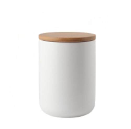 Tuyiutm 食品保存容器。陶器製の本体に木製蓋を組み合わせた豊かな質感。密閉構造が食材の鮮度を効果的に保持。大容量設計で砂糖、豆類、コーヒー豆、海苔、ナッツ類の保存に最適。省スペース設計で収納に便利。蓋付き保存瓶はお茶筒としても使用可能。 (ホワイト,
