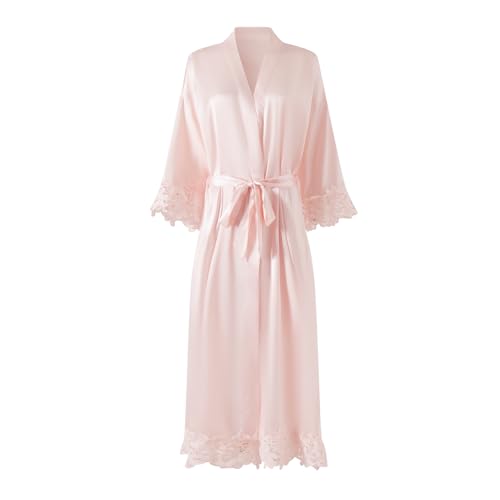 Image of Women's Long Bride Bridesmaid Robes with Lace Trim Embroidery Bridal Silky Satin Kimono Wedding Party Bathrobe
