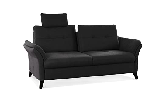 CAVADORE 3er Sofa Grönland / Skandinavische 3-Sitzer-Couch mit Federkern, Sitztiefenverstellung + Kopfstütze / 193 x 90 x 102 / Flachgewebe, Schwarz – Bild 6
