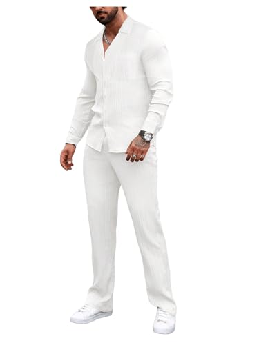 GORGLITTER Men's 2 Piece Linen Suit Casual Long Sleeve Button Down Shirt and Pants Set