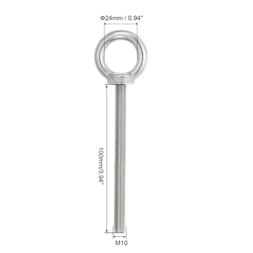 Image of PATIKIL M10 x 100mm Lifting Shoulder Eye Bolt, 2Pcs 304 Stainless Steel Lifting Ring Threaded Eyebolt with Nuts Washers for Hanging Hammocks Articles