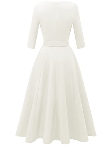 DRESSTELLS White Dress Women for Cocktail Tea Party, Vintage Formal Wedding Guest Church Dress Knee Length, Mother of Bride Long Sleeve Fit Flare Casual Baby Shower Evening Prom, 2026 Spring 2XL
