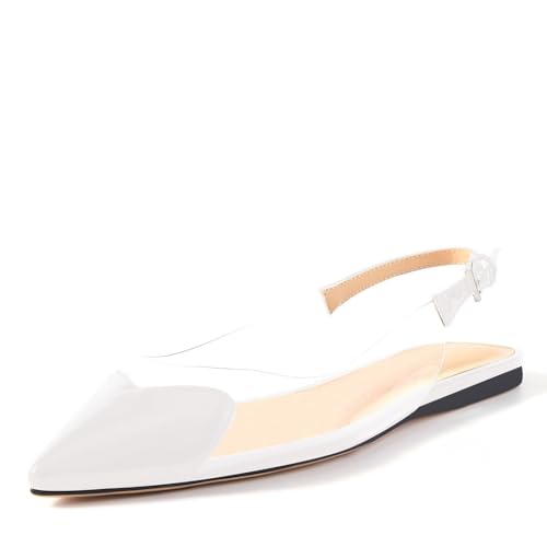 Wrynthevia VogueVent Women's Fashion Pointed Toe Heart Transparent PVC Slingback Flat Shoes Comfort Slip On Cap Toe Clear Ballet Flats Work Wedding Dress Flat Shoes for Women White Size 7.5