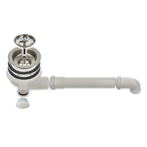 tecuro Válvula de colador para fregadero Ø 114 mm (3 1/2 pulgadas) con salida de ahorro de espacio y conexión del dispositivo, se puede acortar con juntas y llave de montaje