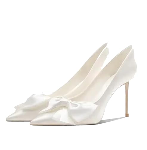 Women's Elegant Satin Bow Tie Closed Toe White Heels Comfortable Formal Dress Stiletto High Heels Pumps Wedding Shoes
