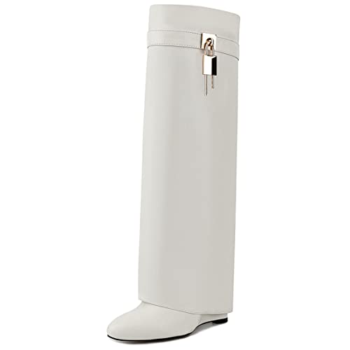Image of Fold Over Knee High Boots for Women Pointy Pull-on Wedge Heel Knee Shark Boot With Side Zipper Covered Wedge Heel Padlock Boot