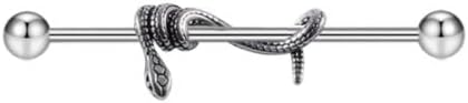 14G Industrial Stainless Steel Barbell with Snake Wrapped Around - 14 Gauge Cartilage Industrial Ear Piercing Jewelry silver