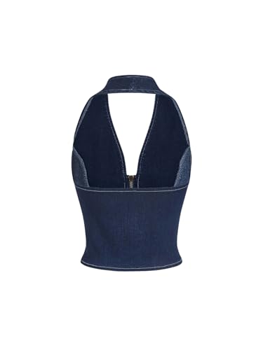 Floerns Women's Y2k Denim Halter Tops Backless Sleeveless Zipper Club Jean Crop Top2