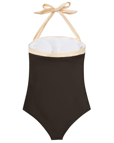 SUUKSESS Women Sexy Tummy Control One Piece Swimsuits Halter Slimming Retro Monokini Bathing Suits Color Block Swimwear(Beige Brown,L)